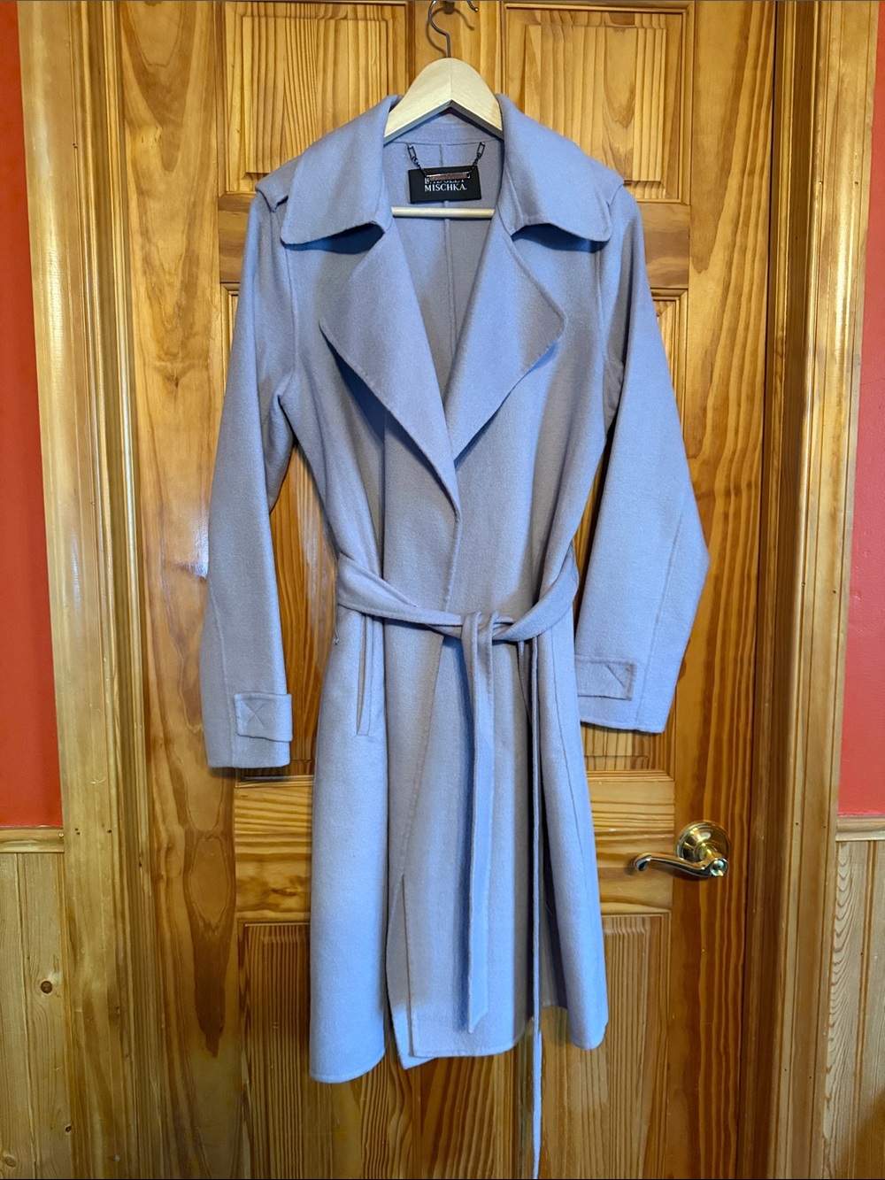 Badgley Mischka lightweight lavender trench coat with belted tie waist